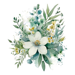 Watercolor botanical illustration of white flower with teal and green foliage floral bouquet