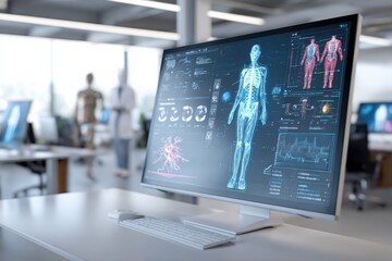 Modern healthcare concept showing digital human anatomy and health statistics on a high-tech monitor in a medical office.
