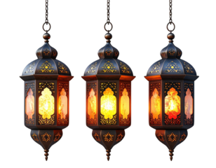 Three Decorative Hanging Lanterns on transparent background. Lanterns png, Arabic Lan