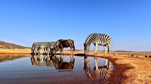 Waterhole low POV with reflection of zebras and single wildebeest drinking water