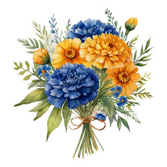 Watercolor bouquet of blue and orange flowers with a twine bow floral painting