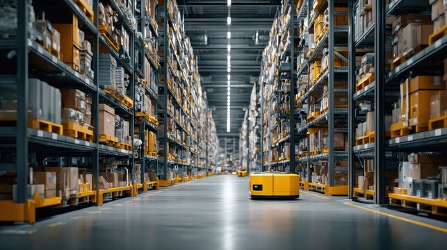 Automated warehouse interior.  Yellow robot in center