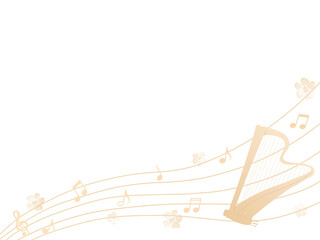 ピンクのハープと花と音符のイラスト