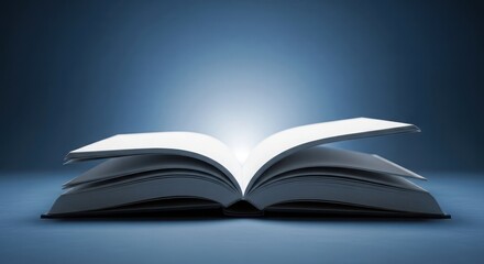 Fototapeta premium Open book with glowing pages on a blue background, symbolizing knowledge and imagination