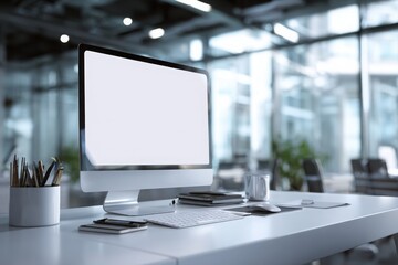 Fototapeta premium blurred background of a modern office interior with a white desk and computer monitor mockup, a minimalist work space for a graphic designer or web developer, with copy space.