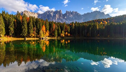 Fototapeta premium Mountain Lake Reflection with Autumnal Forest Landscape and Rocky Peaks Under Blue Sky In Daylight