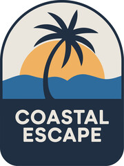 Obraz premium A stylized coastal scene with a palm tree silhouette against a sunset and ocean waves design element