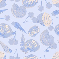 Cherry Seashell Seamless Pattern, Summer Coastal Digital Paper, Fruit Beach Printable Background

