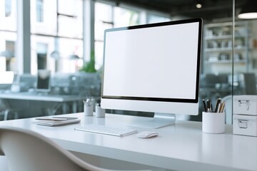 Fototapeta premium blurred background of a modern office interior with a white desk and computer monitor mockup, a minimalist work space for a graphic designer or web developer, with copy space.