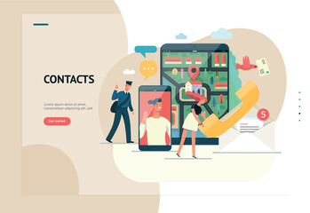 E-commerce information vector graphic A “Contacts” scene with people interacting via a phone screen, on a light background