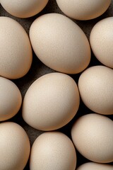 Close-up image of fresh organic eggs with natural textured shells, arranged in a minimal pattern. Represents farming, nutrition, healthy food, and protein source for culinary and agriculture themes.