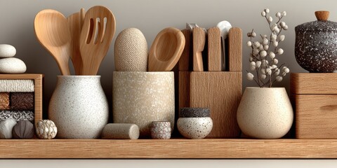 Wooden & ceramic kitchenware on a shelf