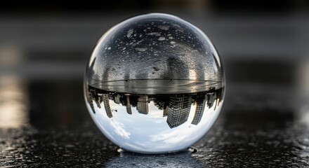 A glass sphere reflects a city skyline and sky, resting on a wet, dark surface