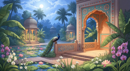 Beautiful indian garden with peacock and lotus pond illustration for background and wallpaper design art