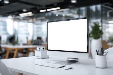 Fototapeta premium blurred background of a modern office interior with a white desk and computer monitor mockup, a minimalist work space for a graphic designer or web developer, with copy space.