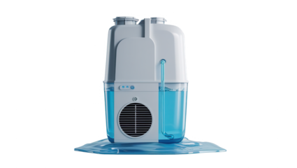 A modern, sleek humidifier with a bright, cool blue liquid reservoir is presented against a black backdrop.
