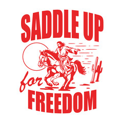 Hand-drawn vintage sketch of a man riding a horse with the word ‘Freedom’. Perfect for T-shirt design