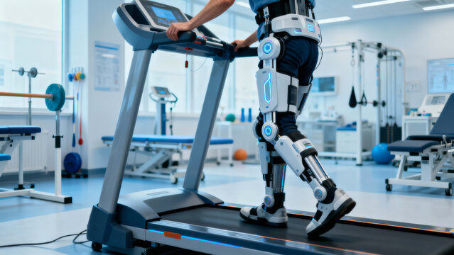 Ai powered exoskeleton for disability support in rehabilitation center with treadmill exercise