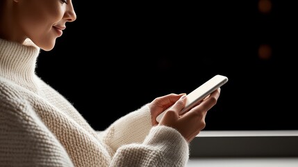 Woman in cozy sweater using smartphone against dark background. Side view portrait showing connection, communication, social media, and modern digital lifestyle.