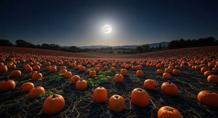 Vast pumpkin patch under a full moon on a clear night, autumn harvest and halloween