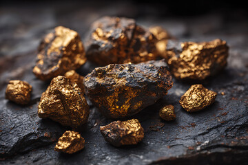 Gold nuggets sparkling on a dark rock, concept of wealth and mining