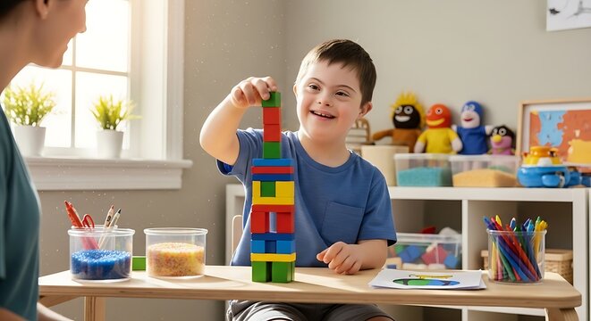 Joyful child with down syndrome building tower with colorful blocks in classroom with teacher