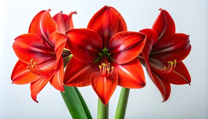 Close-up of three vibrant red amaryllis