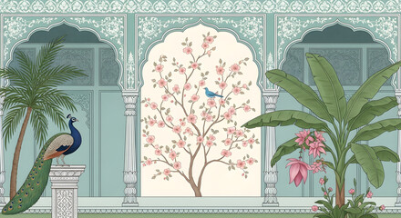 Exotic indian palace garden with peacock tree and banana plant illustration wallpaper design art print