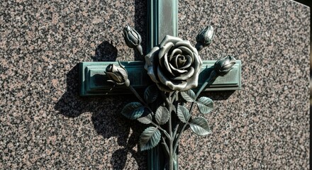 Closeup of a cross with a rose and buds on a granite tombstone