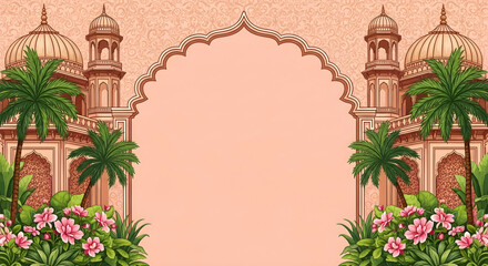 Indian palace background with archway and floral accents for wedding and event design needs here now