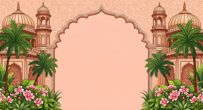 Indian palace background with archway and floral accents for wedding and event design needs here now - Powered by Adobe