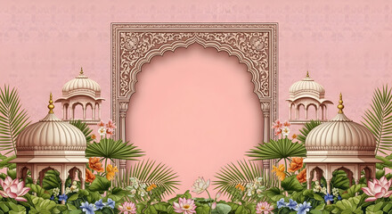 Indian wedding invitation background template with floral and palace elements design for card creation