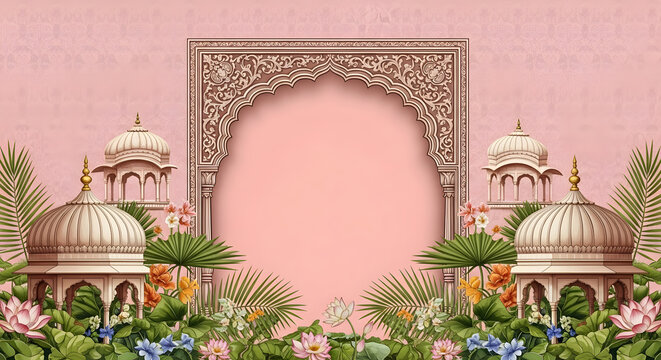 Indian wedding invitation background template with floral and palace elements design for card creation