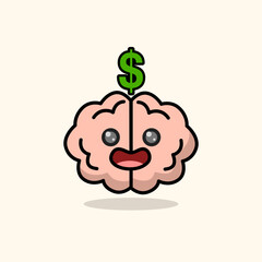 Cute cartoon smiling brain with a dollar sign is happy about making money online.