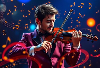 Fototapeta premium A dashing violinist's performance; musical notes and symbols swirl around him, artistic, music