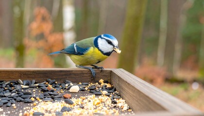 Blue tit bird eating seed at a bird feeder in a forest