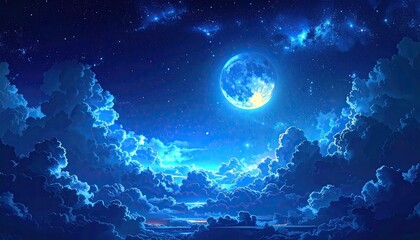 Night Sky Scenery with Full Moon and Clouds Underneath Sparking Starry Sky Landscape Generative AI