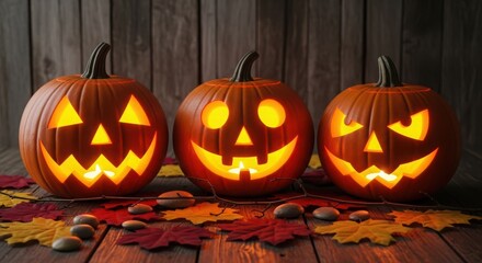 Three carved halloween pumpkins with glowing faces on a wooden surface with autumn leaves