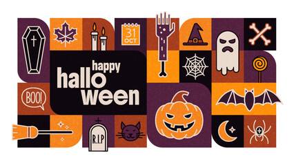 Happy halloween colorful banner with holiday symbol and object. Halloween Vector Illustration with Festive Icons.
