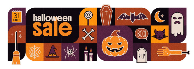 Halloween sale colorful banner with holiday symbol and object. Halloween sale Vector Illustration with Festive Icons.