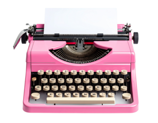 Vintage Pink Typewriter with Blank Sheet of Paper, Front View, Isolated