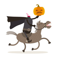 Headless Horseman Riding with a Pumpkin Head Halloween Cartoon Vector Illustration.