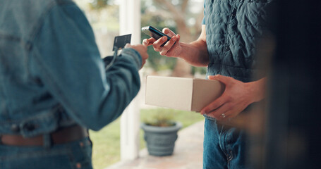 Hands, courier and credit card at front door with payment, box and easy transaction at apartment. People, delivery and pos with fintech, shipping service or cardboard package for ecommerce at house