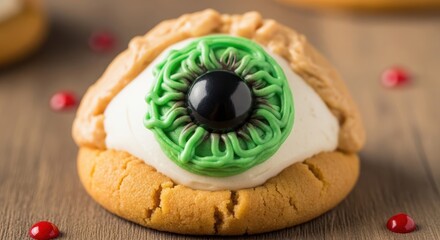 Closeup of a halloween cookie decorated like an eyeball with green frosting