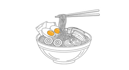 Delicious bowl of savory noodles with two perfectly cooked eggs and chopsticks holding a generous portion.