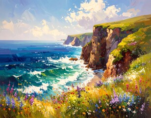 Coastal landscape painting, vibrant wildflowers, dramatic cliffs, crashing waves, sunny sky
