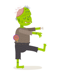 Cartoon Zombie with Exposed Brain and Lollipop. Funny Halloween Cartoon Character. Vector Illustration.