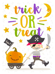 Pirate Boy Pulling a Smiling Pumpkin in Wagon. Halloween Vector Greeting Card. Illustration With Cartoon Character.