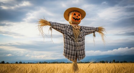 Scarecrow with pumpkin head in a wheat field under a cloudy sky