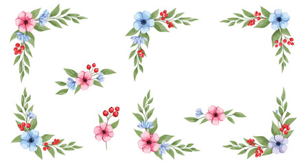 Watercolor floral corner elements with pink blue and red flowers and green leaves.